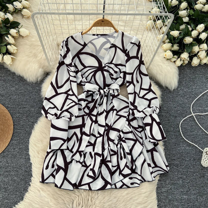 🍒V-neck lantern sleeve dress smat casual women elegant midi ruffle printed short dress french style evening wear chic spring outfits high street autumn fashion Don't Be Short On Minis