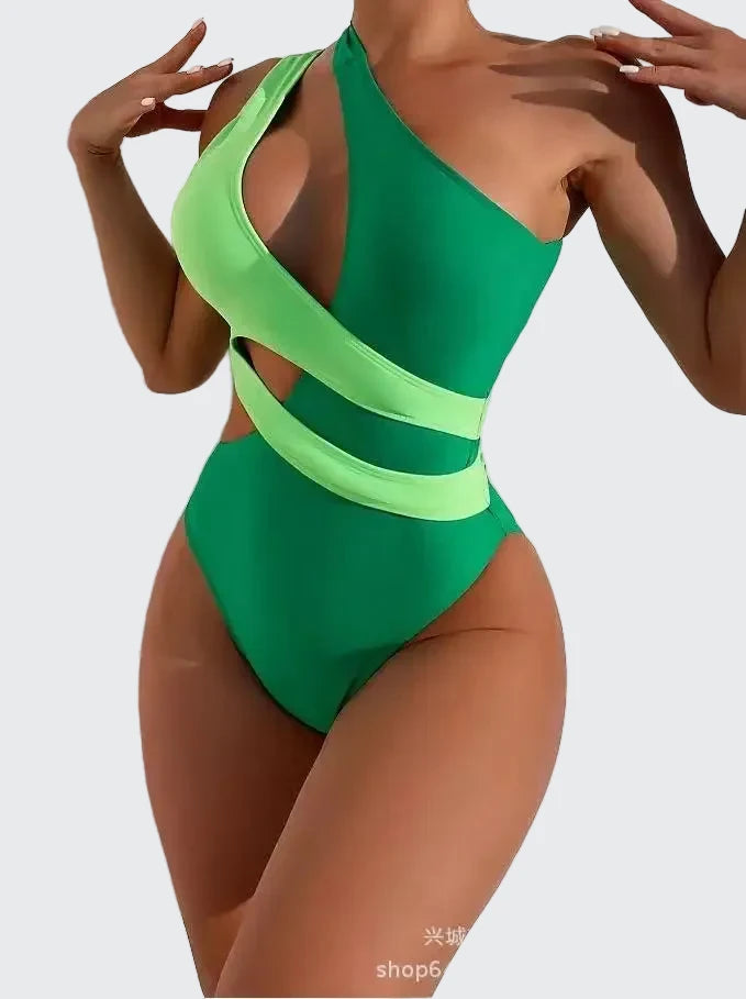 🍒One-piece swimsuit colour block collision single shoulder bathing suit strap design high eastic backless swimwear type european style swimming costume with tie straps  SHOREly CHIC