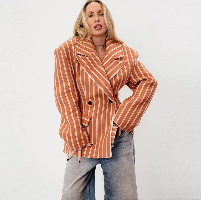 🍒Striped print blazer women's full Sleeve jacket with notched lapel collar double breasted spring coat fashion wear office clothing   Look Chocolate In Orange