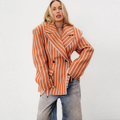 🍒Striped print blazer women's full Sleeve jacket with notched lapel collar double breasted spring coat fashion wear office clothing   Look Chocolate In Orange