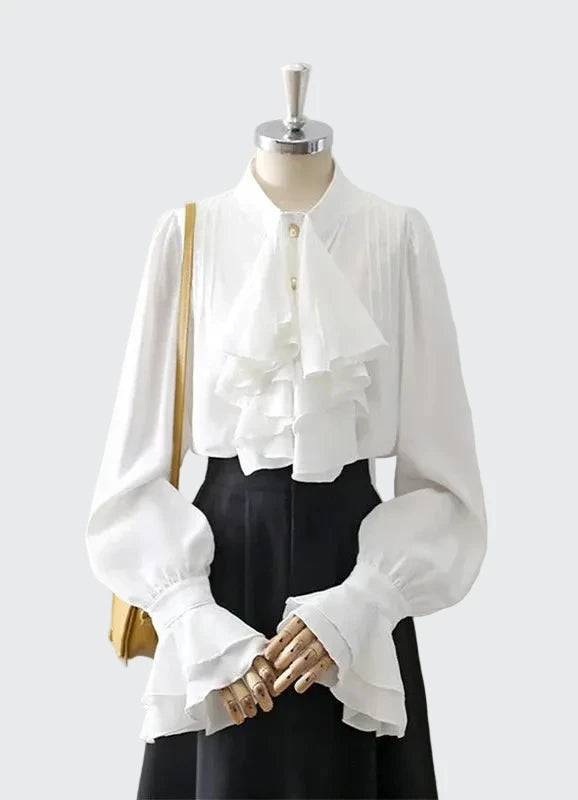 🍒Vintage blouse court style button fold flare sleeve slim pure white shirt with ruffles women elegant stand collar top female smart casual wear office clothing occasion clothing  No One Will Judge You With This Cool Court Style Blouse