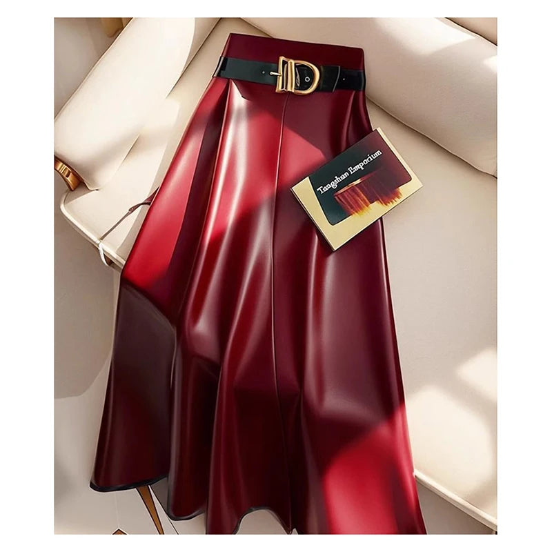 🍒Red pu skirt high end goddess fashion a-line leather midi mid length umbrella skirt occasion party wear Get A Little Bottle with A Burgundy