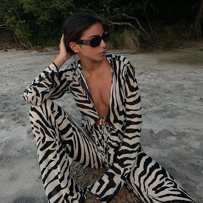 🍒Zebra  print mesh top sheer stripeed shirt outfit for women set tie front detail top and matching pants fashion two piece sets holiday beachwear Do Hot Girl Hot Jungle in Cool Clothes