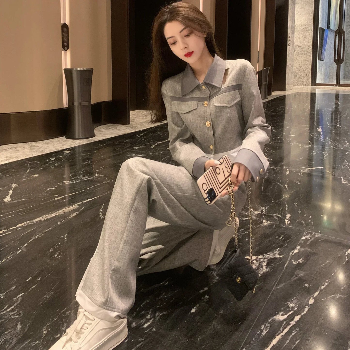 🍒Pants woman office wear and top 2 piece sets for women smart casual clothing suits spring autumn wear Everbody Suits Grey