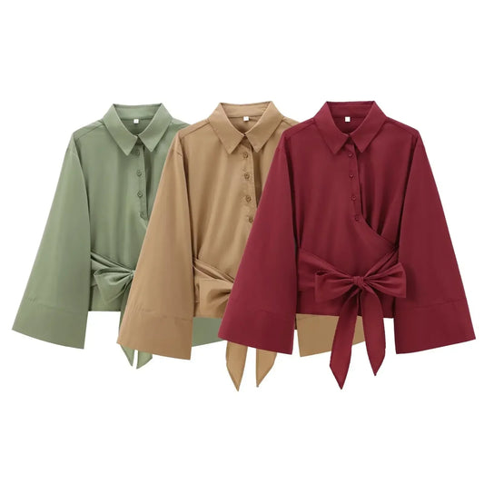 🍒Long sleeve shirt jacket spring summer women's tie top with wide sleeves female fashion clothing solid shirt smart casual Blouse  Cool Jewellies