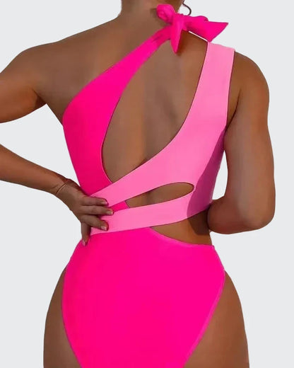 🍒One-piece swimsuit colour block collision single shoulder bathing suit strap design high eastic backless swimwear type european style swimming costume with tie straps  SHOREly CHIC