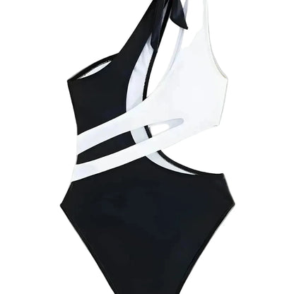 🍒One-piece swimsuit colour block collision single shoulder bathing suit strap design high eastic backless swimwear type european style swimming costume with tie straps  SHOREly CHIC