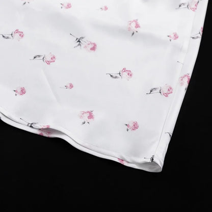 🍒White floral satin maxi dress for women casual or occasion wedding guest beach vacation outfit flower printed v-neck dress womens fashion slim fit waist short butterfly sleeve long summer wear with short sleeves high waist cute comfy casu-casion
