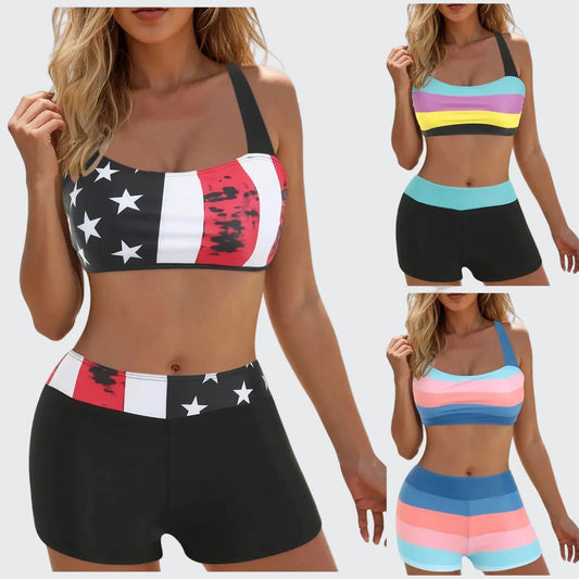 🍒Women's high waisted bikini sets sporty two piece swimsuit colour block bathing suit women's stripe swim wear Ride On A Wave In Cool  ‘ Kinis