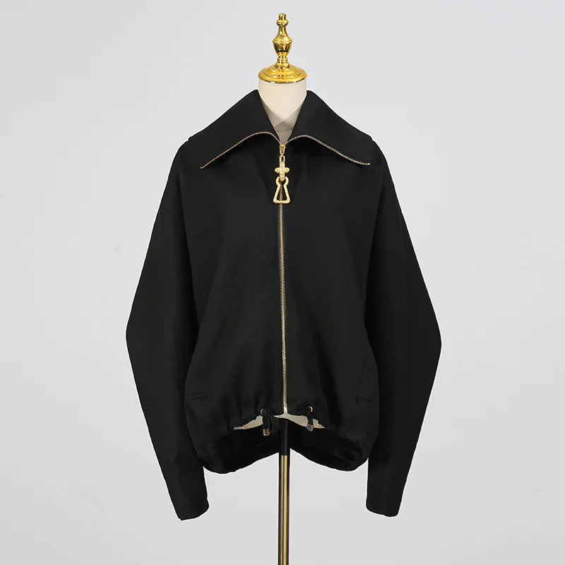 🍒Oversized zipped coat women's fashion solid color long sleeve casual drawstring jacket black designer style spring autumn clothing   Big Up To Oversized Cool