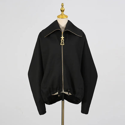 🍒Oversized zipped coat women's fashion solid color long sleeve casual drawstring jacket black designer style spring autumn clothing   Big Up To Oversized Cool