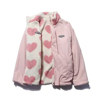🍒Fashion Stand-up Collar OutwearFaux lambswool fur jacket women's warm coat autumn winter outerwear for women heart print stand collar coat Ya Hearts Printed On This
