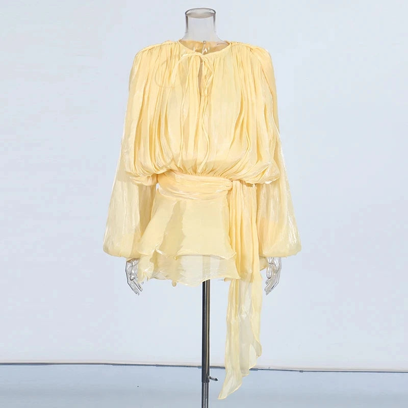 🍒Solid tie neck dress high waist ruffle for women long sleeve mini  party club wear occasion clothing female fashion Revel In Ruffles