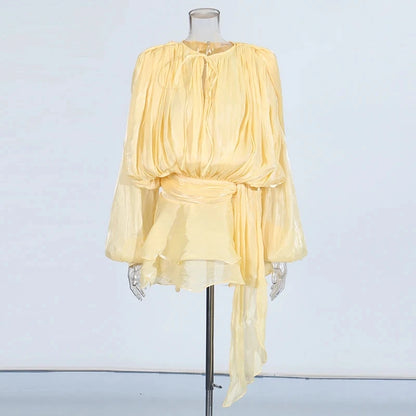 🍒Solid tie neck dress high waist ruffle for women long sleeve mini  party club wear occasion clothing female fashion Revel In Ruffles