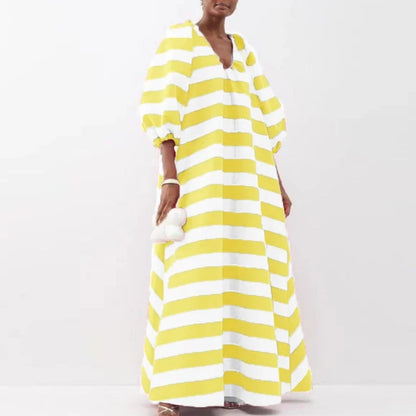 🍒 Striped party dress loose fit maxi swing casual high waist outfit pleated elegant v-neck puff sleeve long dress  Puff Up Your Chess In A Stripy Dress
