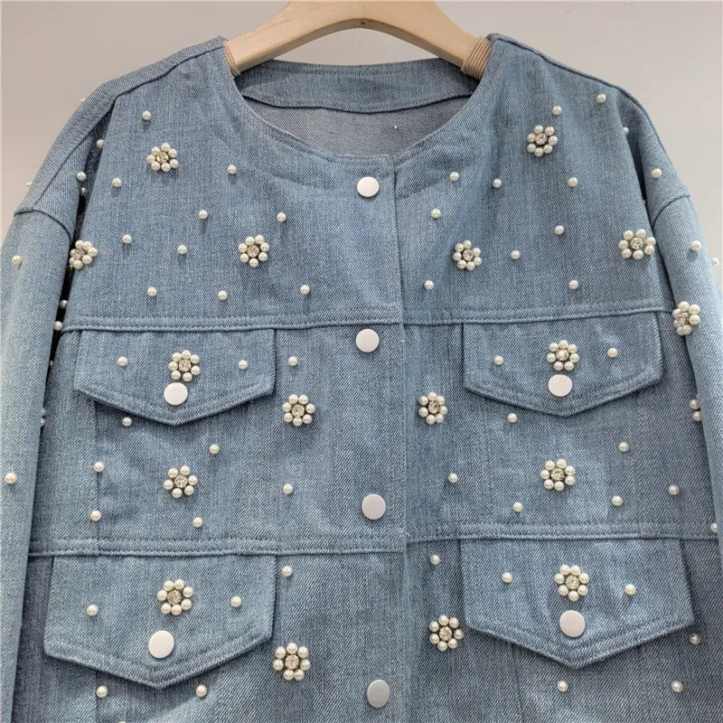 🍒Denim jacket with  pearls beaded flower long sleeve round neck crop jacket smart casual women Don A Decorated Denim
