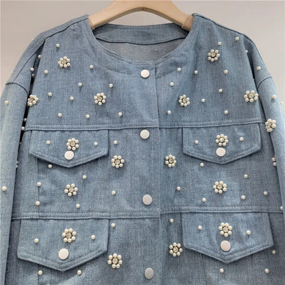 🍒Denim jacket with  pearls beaded flower long sleeve round neck crop jacket smart casual women Don A Decorated Denim