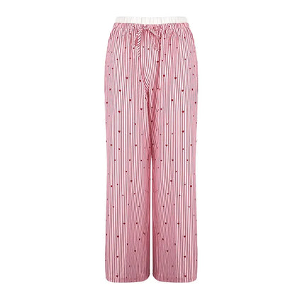 🍒Women's striped summer trousers streetwear fashion love heart print ladies pants tie waist casual trousers pink sweet Female fashion clothing Cool Out In Cotton candy