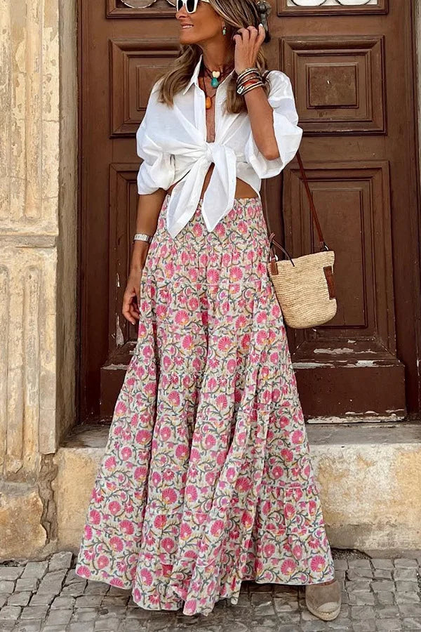 🍒Printed summer skirt boho summer fashions casual wear clothing beach party clothes loose a-line travel skirt elegant bohemian style wear Peacock In Pretty Pinks