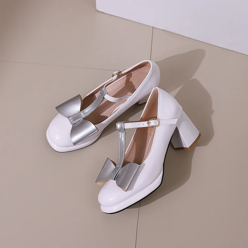 🍒T strap high heels round toe pumps women low platform shoes plus size available bow footwear for party wear wedding t-bar for special occasions Footwear With A Bow On IT