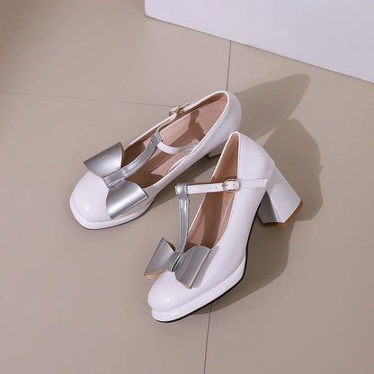 🍒T strap high heels round toe pumps women low platform shoes plus size available bow footwear for party wear wedding t-bar for special occasions Footwear With A Bow On IT