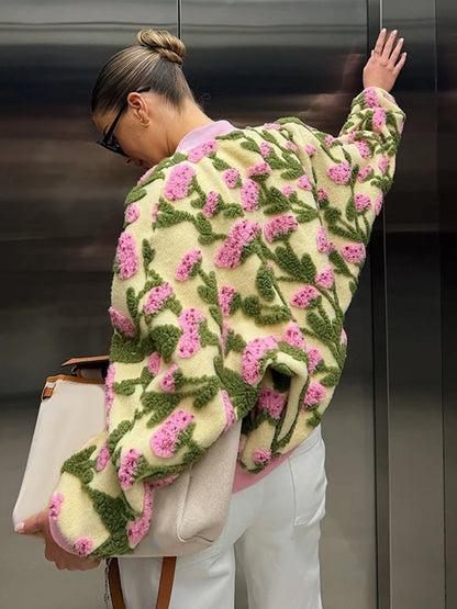 🍒Floral fleece bomber jacket women smart casual elegant stand collar bomber embroidery long sleeve zip up short coat spring outerwear 3D clothing  Fab Fleece Flowery Fashion Fun