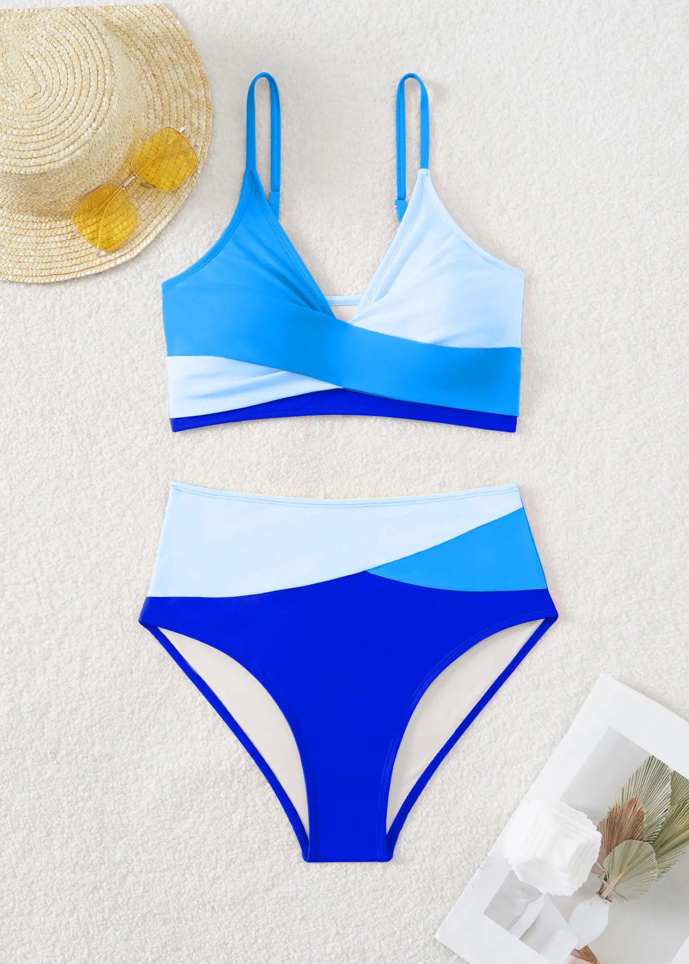 🍒Patchwork two piece swimsuit for women high waist bikini v-neck adjustable suspender type spaghetti strap backless swim set summer beach Vacation Swimwear  Drink Fruities In Your Fruity