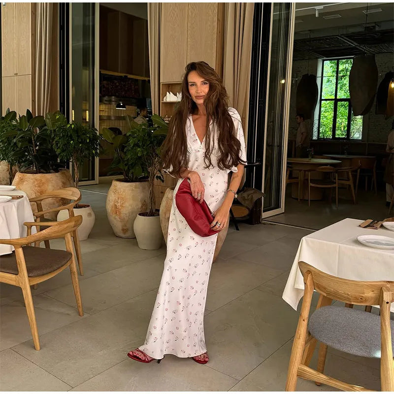 🍒Summer printed v-neck dress  with flower print womens fashion slim fit waist short butterfly sleeve long summer outfit with short sleeves high waist office wear cute comfy casu classy