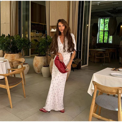 🍒Summer printed v-neck dress  with flower print womens fashion slim fit waist short butterfly sleeve long summer outfit with short sleeves high waist office wear cute comfy casu classy