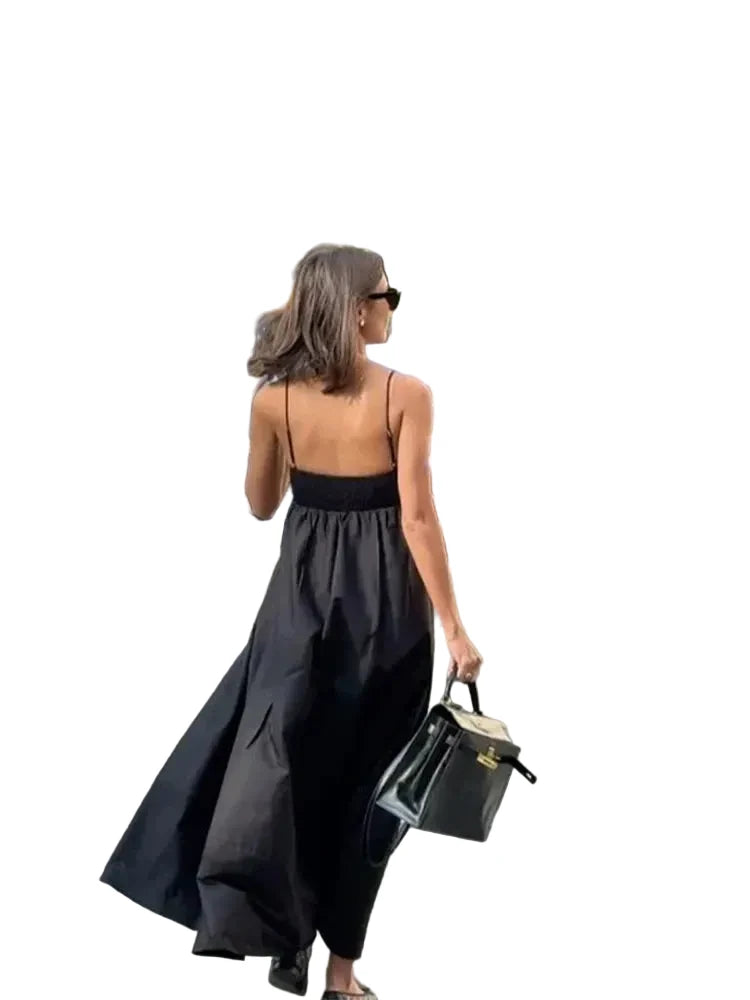 🍒Solid backless spaghetti strap dress women's summer fashion loose high waist a-line outfit summer holiday wear Back Black