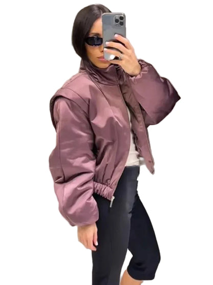 🍒Long sleeve bomber jacket women zipper with stand collar outerwear short casual coat solid chic female sateen clothing fashion   Get Into Mauve