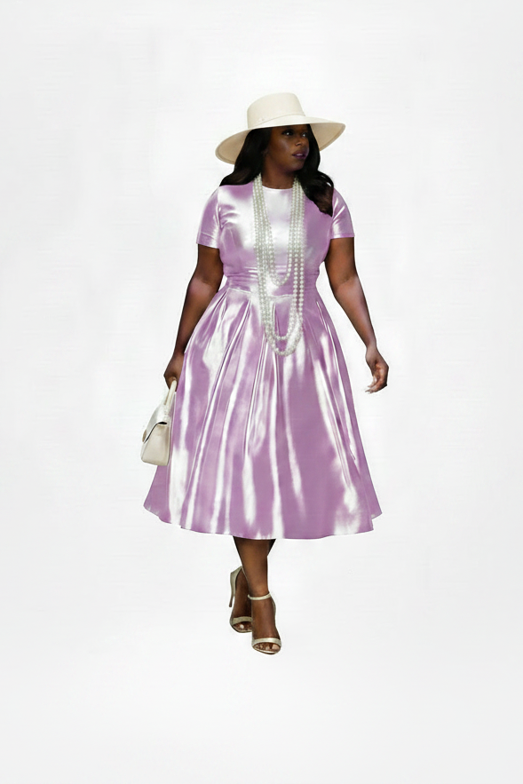🍒A-line shiny dress metallic short sleeve midi for women plus size outfit fit and flare elastic dress smart casual clothing Summer Stunner