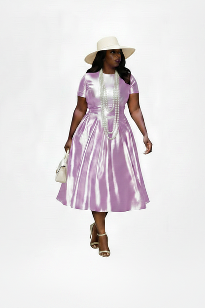 🍒A-line shiny dress metallic short sleeve midi for women plus size outfit fit and flare elastic dress smart casual clothing Summer Stunner