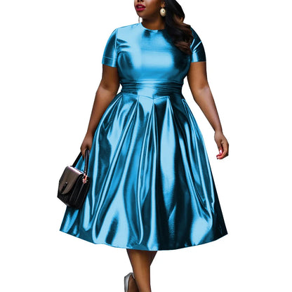 🍒A-line shiny dress metallic short sleeve midi for women plus size outfit fit and flare elastic dress smart casual clothing Summer Stunner