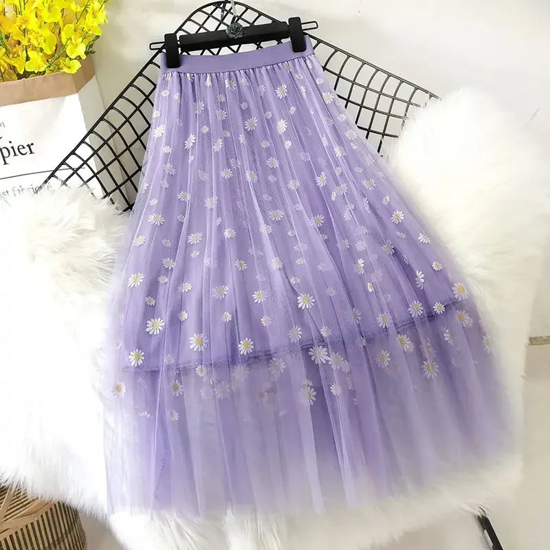 🍒Sweet girl skirt women"s feminine fashion smart casual clothing floral summer wear mesh midi  classy all match elegant stylish charm occasion wear Net This Mesh
