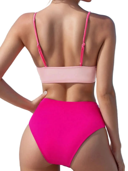🍒Patchwork two piece swimsuit for women high waist bikini v-neck adjustable suspender type spaghetti strap backless swim set summer beach Vacation Swimwear  Drink Fruities In Your Fruity