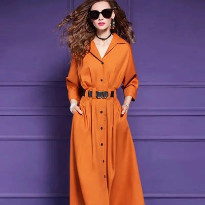 🍒French shirt dress elegant button up outfit women with belt spring autumn solid color fashion single breasted midi Bark Up The Right Tree And Pick An Orange