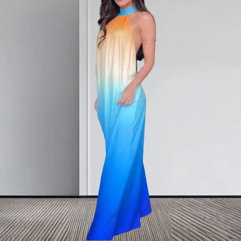 🍒Sleeveless gradient dress Printed evening summer party wear loose tie up halter outfit backless maxi pleated high waist dress Set Your Sight On A Sunset