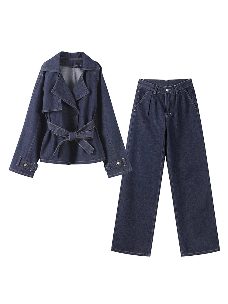 🍒Denim long pant set street Y2K fashion women lapel tie waist coat jacket plus straight leg jeans long sleeve Jacket and trousers jeans two piece suit ladies outfits smart casual clothes Dress Up In Denims