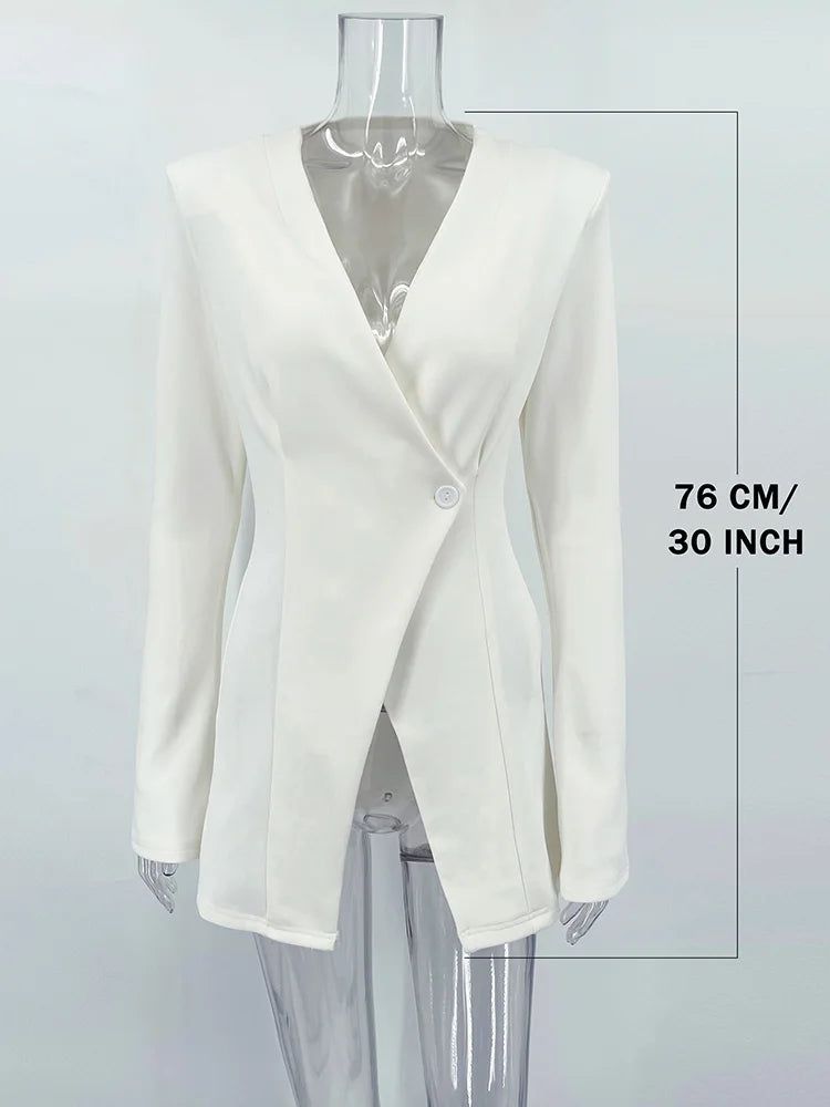 🍒Slim white blazer women button blazer coat for women v-neck long sleeve jacket for office wear office coat slit high waisted outwear Autumn Winter fashion party occasion wear Get wasted In A Waisted
