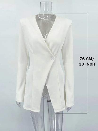 🍒Slim white blazer women button blazer coat for women v-neck long sleeve jacket for office wear office coat slit high waisted outwear Autumn Winter fashion party occasion wear Get wasted In A Waisted