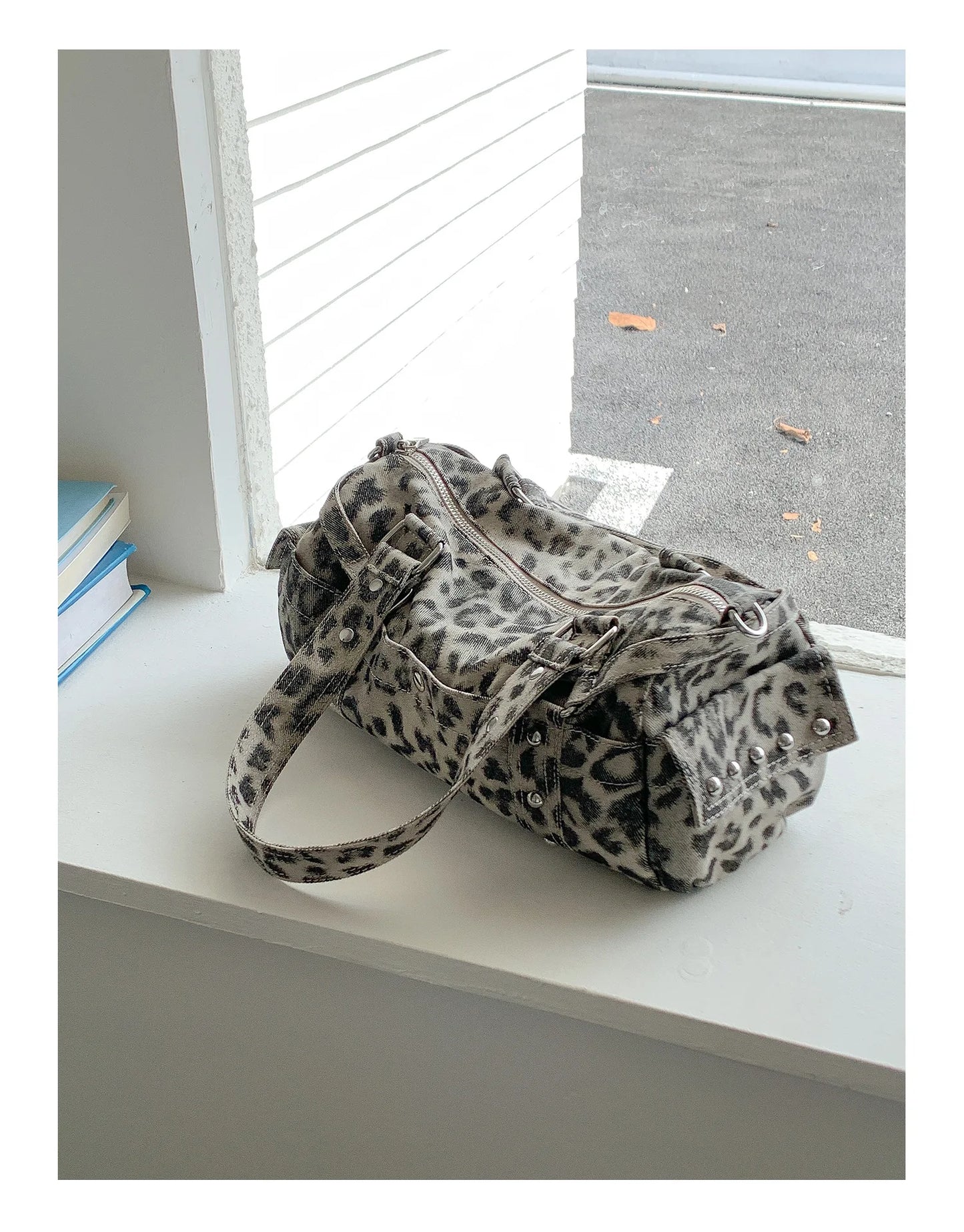🍒Vintage leopard handbag rivet bag motorcycle barrel shaped crossbody bag boston casual female shoulder fashion totes  Jump On This Animal Its Barrels Of Fun