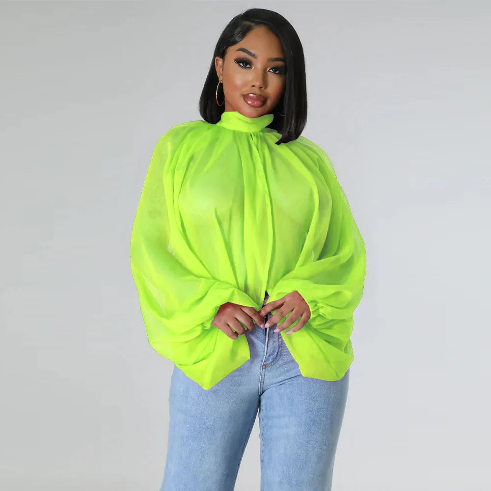 🍒Colourful chiffon blouses plus size printed front split blouse fashion batwing loose fitting see though top with puff sleeves party night club blouses shirt for women OPEN Up Your Armoire to A Cool BLOUSE