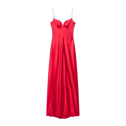 🍒Satin halter dress maxi spaghetti straps sweet heart sleeveless dress red backless  outfit for evening party wear occasion clothing red Satin Passion Fashion