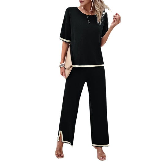 🍒Two piece women's clothing spring summer fashion knitted casual top short sleeve and wide-leg pants matching set Suit LINE Up For This EDGEy Set