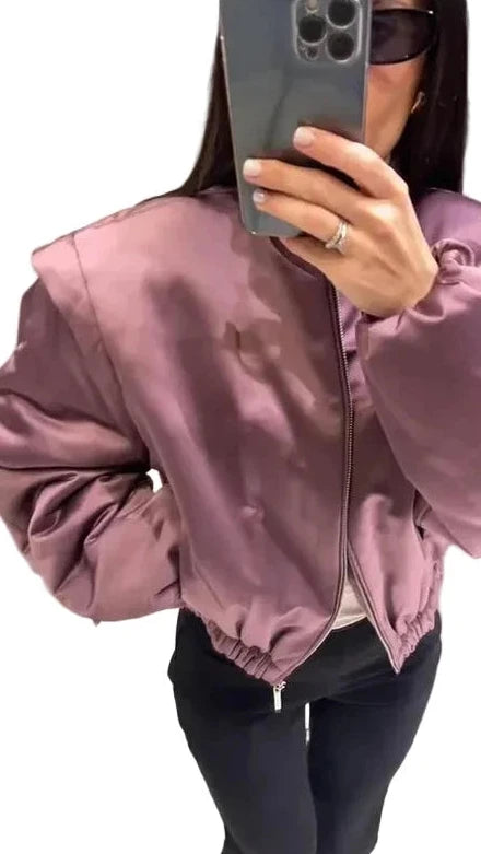 🍒Long sleeve bomber jacket women zipper with stand collar outerwear short casual coat solid chic female sateen clothing fashion   Get Into Mauve