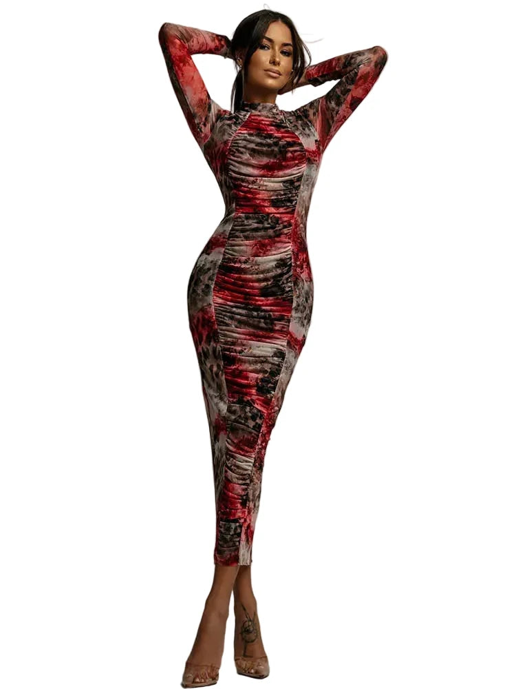 🍒Printed mesh long dress women party wear multicolour outfit fold design slim fit long sleeve maxi o-neck occasion wear party wear outfit Drooly Drape