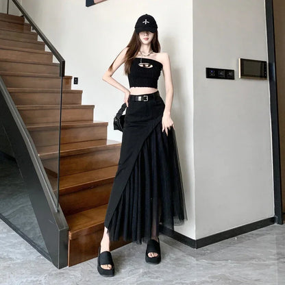 🍒Womens black skirt long smart casual wear vintage a-line skirt Y2k fashion streetwear party occashion clothes Wear Mixed Media A-ffair