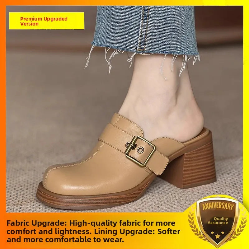 🍒Genuine leather buckle shoe open back mules for ladies smart casual summer footwear commuter thick heel slides