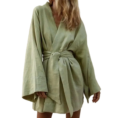 🍒Long sleeve v neck mini dress with tie wrap around style comfy loose cardigan outfit Do I Need To Change When I Get In Cool kinda Thing